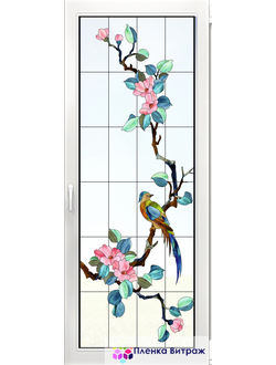 Витражная пленка, витражная пленка самоклеющаяся под заказ,пленочный витраж флора с птицами