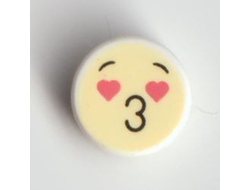 Tile, Round 1 x 1 with Emoji, Bright Light Yellow Face, Black Eyebrows, Coral Heart Eyes, and '3' Puckered Lips Pattern, White (98138pb128 / 6299968)