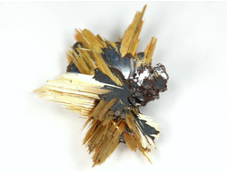 Редкость! Рутил свободного роста, сростки "звезды" золотистых игольчатых кристаллов на кристаллах гематита, Бразилия (22*18*6 мм, 1,25 г) №37913