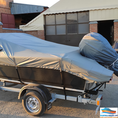 Тент на лодку ВОЛЖАНКА 46 FISH - 2020 1шт. серый  boatcover pvc в наличии  ( с кринолинами и леерами)