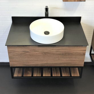 Тумба-умывальник "Порто 90" дуб темно-коричневый с черной столешницей с раковиной COMFORTY 9110