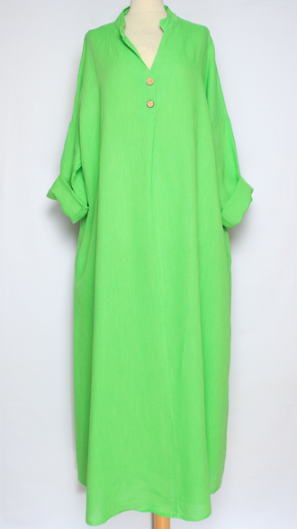 ПЛАТЬЕ БОХО ЛЬНЯНОЕ "СТОЙКА ЗАЩИП ПУГОВИЦЫ"  бежевое, хаки, черное, салатное, яблоко, апельсин, желтое  до р.54