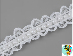 Рюш кружевной, с бусинами, 20 мм*1 м, цвет белый