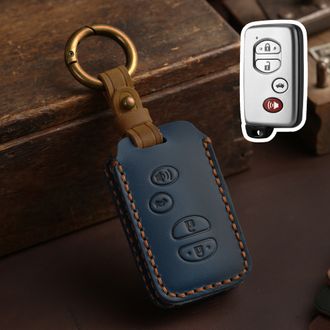 Чехол из натуральной синей кожи для 4-х кнопочного смарт ключа Toyota Venza, Corolla, Camry, LC200
