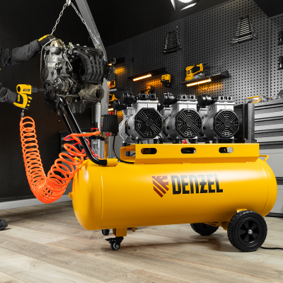 Компрессор безмасляный, малошумный DLS 3300/100, 3300 Вт,3x1100, 100 л, 570 л/мин ,блок управления Denzel