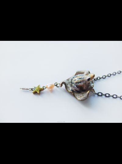 "Поймавшая звезду". Бохо-подвеска с лягушкой, барочным жемчугом и гематитовой звёздочкой