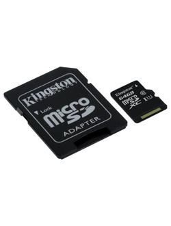 Карта памяти Kingston Canvas Select microSDXC UHS-I Cl10 + адаптер, SDCS/64GB