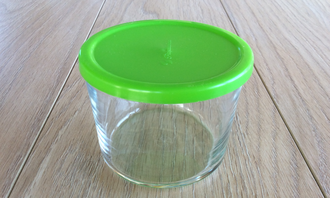 Баночка из натрий-кальций-силикатного стекла с зеленой крышкой для разморозки корма "Купи коту"