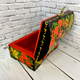 Деревянная шкатулка сундучок Птица с клубникой 120*80 мм для украшений с росписью Хохлома