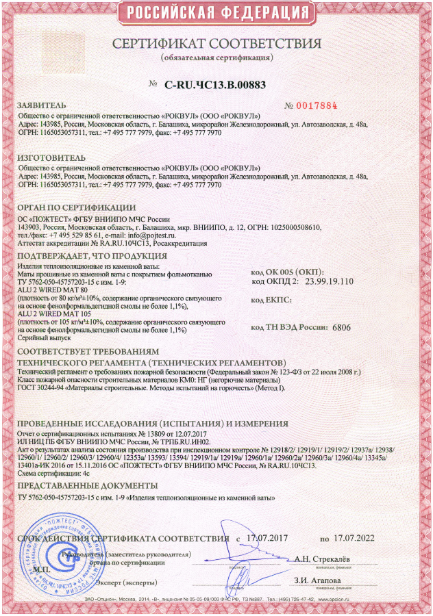 Сертификат соответствия пожарной безопасности минеральной ваты Rockwool