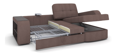 ДВУСПАЛЬНЫЙ РАСКЛАДНОЙ ПРУЖИННЫЙ УГЛОВОЙ ДИВАН-КРОВАТЬ БЕРЛИН, С РЕГУЛИРУЕМЫМИ ПОДУШКАМИ, МЕТАЛЛОСКЕЛЕТ, СО СПАЛЬНЫМ МЕСТОМ И МЕХАНИЗМОМ ДЕЛЬФИН, ШИРОКИЕ ПОДЛОКОТНИКИ С ДЕКОРОМ И СИСТЕМОЙ ХРАНЕНИЯ