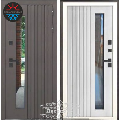 960*2050, ПРАВОЕ ОТКРЫВАНИЕ. ТЕРМОРАЗРЫВ. КРОНОС МУАР Ral 8019 (КОРИЧНЕВЫЙ) - СОФТ БЕЛЫЙ СНЕГ/ СТЕКЛОПАКЕТ.