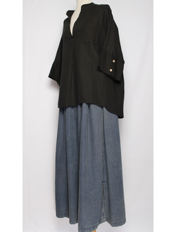 БЛУЗА ЛЁН "КИМОНО СТОЙКА"  черная до р.54