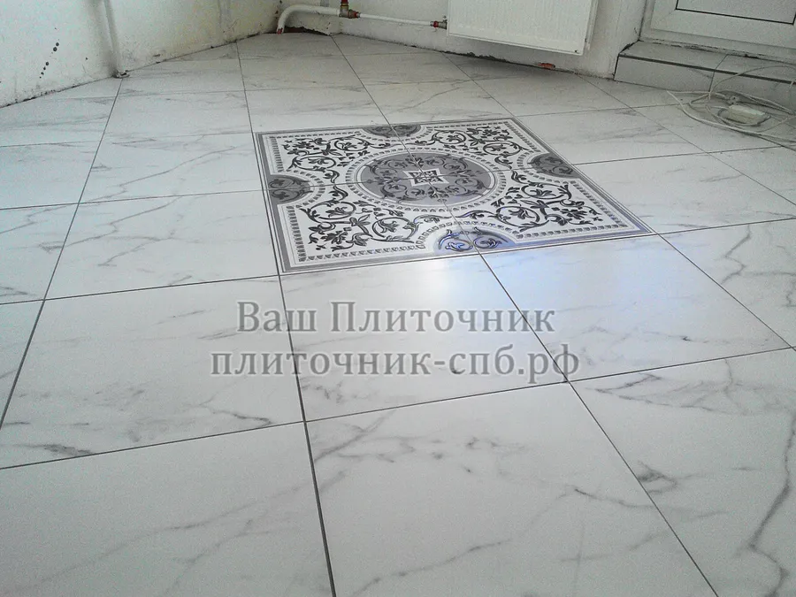 Укладка керамогранита на пол по диагонали с выравниванием на клею.