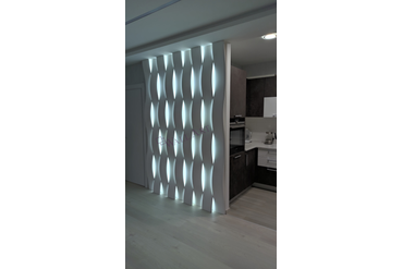 Смонтированная световая 3d панель "LightWave". г.Москва. Монтаж наш. Использована подсветка с холодным светом (6500к). Раскладка панелей стандартная - "Checkmate".