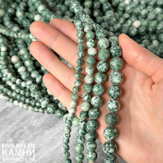 Лиственит горная порода, шары 6,1-6,5/8,8-8,9/10-10,6 мм, цена за нить 38 см