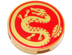 Tile, Round 2 x 2 with Bottom Stud Holder with Gold Dragon on Red Background Pattern, Pearl Gold (14769pb319 / 6287963)