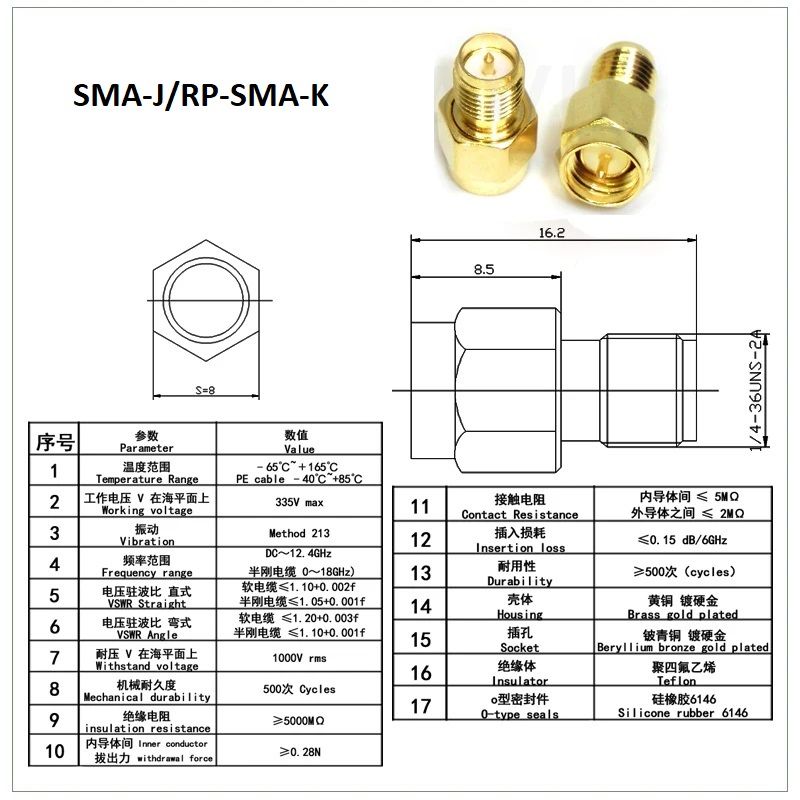 Переходник SMA-J/RP-SMA-K для коаксиального кабельного разъема