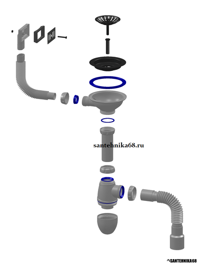 Сифон для мойки с прямоугольным переливом и выпуском Unicorn B425