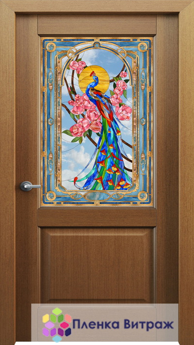 Витражная пленка, витражная пленка самоклеющаяся под заказ,пленочный витраж с павлином