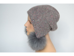 Шапка ушанка Vizio Италия 1010 PP 66  с помпонами серо - розовая