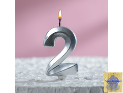 Свеча в торт "Грань", цифра 2, серебро, 8 см