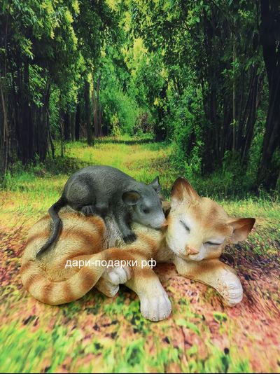 Садовая фигура КОШКА с мышкой  18*30см   0,9кг  полистоун Россия 1249/012832