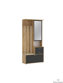 Антре 65.08 Шкаф для прихожей с зеркалом Дуб вотан/диамант серый/ДВПО белый/ткань велюр велутто кремовый 18