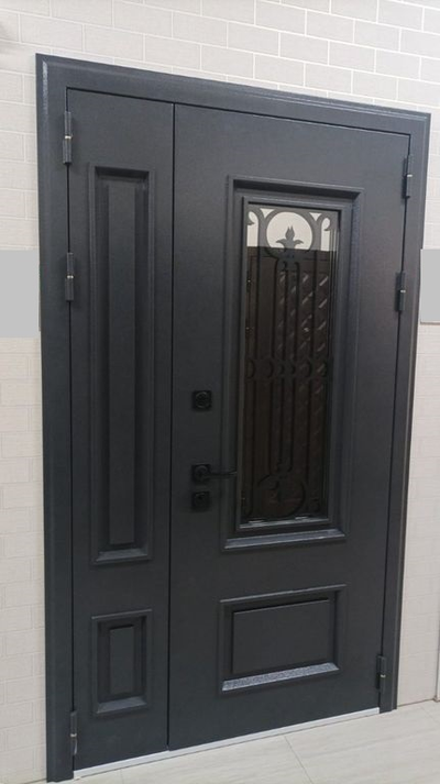 1200*2050. ВИЛЛАДЖ  115 мм. СТАЛЬ 1,5 мм. ГРАФИТ БУКЛЕ/ МРАМОР НАТУРАЛЬНЫЙ/ КОВКА ВНУТРИ СТЕКЛОПАКЕТА