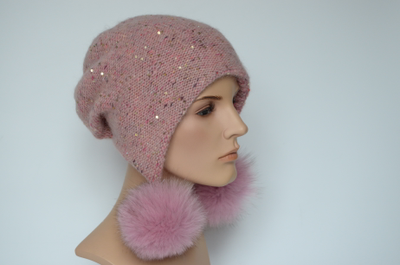 Шапка ушанка женская персиковая с помпонами Vizio Италия 8022 РР 99