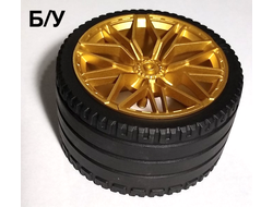 ! Б/У - Wheel 62.3mm D. x 42mm Technic Racing Large with 10 Y Spokes with Black Tire 81.6 x 44 ZR Technic Straight Tread 68577 / 23799, Metallic Gold (68577c01) - Б/У