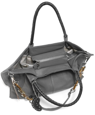 (АРТИКУЛ: 9617/2) СУМКА ЖЕНСКАЯ БОЛЬШАЯ, НАТУРАЛЬНАЯ КОЖА, СEРАЯ С ЧЕРНЫМИ РУЧКАМИ, ПЛЕЧЕВОЙ РЕМЕНЬ С ЦЕПОЧКОЙ