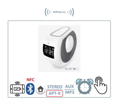Дизайн-модель COZY MC1 Bluetooth колонка СТЕРЕО APT-X, NFC. зарядная беспроводная станция (QI) , будильник, время с сенсорным управлением для использования в помещении