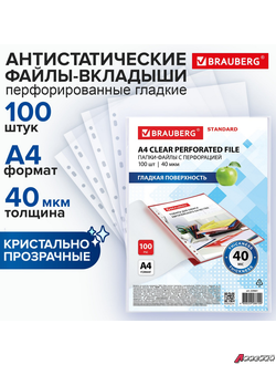 Папки-файлы перфорированные А4 BRAUBERG «STANDARD», КОМПЛЕКТ 100 шт., гладкие, 40 мкм. 229661