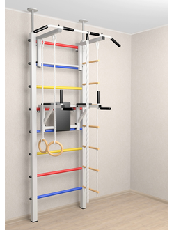 Спортивная стенка враспор с турником, брусьями и детскими навесными в квартиру  враспор (белая)