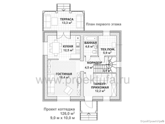 план коттеджа с мансардным этажом 130 кв.м, первый этаж