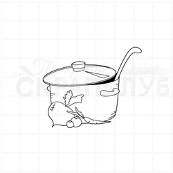 Штамп кастрюля супа с поварешкой и корнеплодами