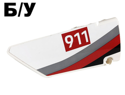 ! Б/У - Technic, Panel Fairing #17 Large Smooth, Side A with White 911 on Red Rectangle and Gray, Red and Black Curved Stripes Pattern Sticker - Set 42096, White (64392pb031) - Б/У