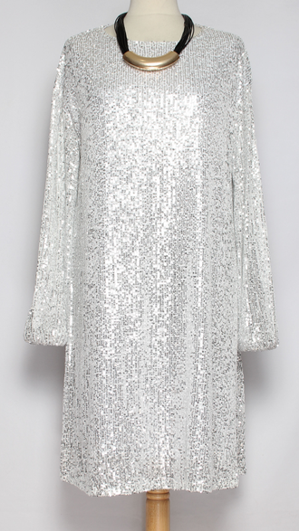 ПЛАТЬЕ-ТУНИКА НАРЯДНОЕ "РАСКЛЕШЕННОЕ ПАЙЕТКИ" белое р.46,50,52