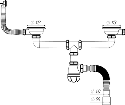 Сифон 3 1/2"х40, для двойной мойки (2 отв  311/2")Aquant UD0179-12-MR с переливом кругл/прямоуг,   гофра, 40х40/50 [98399]