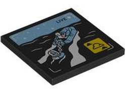 Tile 4 x 4 with 'LIVE' Broadcast with Bright Light Blue Rubber Raft and Sky, Black Sea, White Minifigure, Stars and Waves, Yellow Icon with Clouds Pattern, Black (1751pb047 6530113)