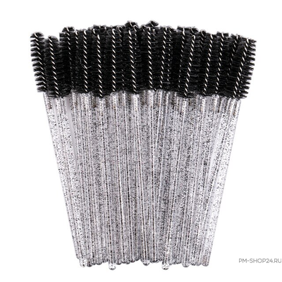 Щеточки для бровей чёрные с блестками в кейсе, 50 шт.