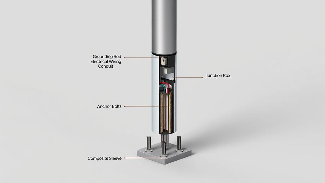 Цоколь стеклопластик на опору освещения в разрезе на фундаменте