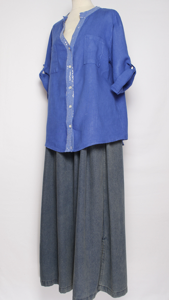 РУБАШКА ЛЁН "КРУЖЕВО НА СПИНЕ" голубая, синяя р.46-52