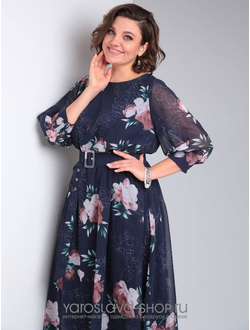 Модель:1-026.Элегантное шифоновое платье в синем цвете с цветочным принтом