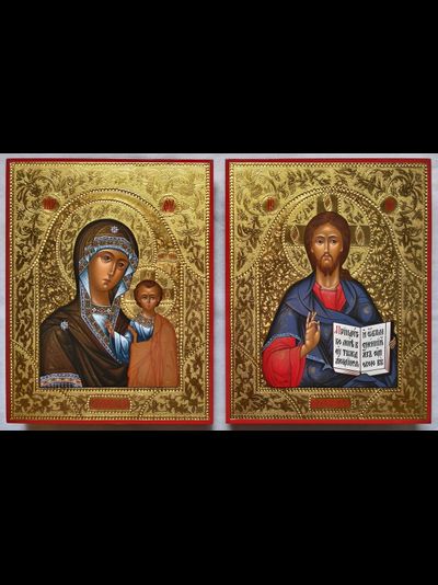 Венчальная пара. Образ Спасителя. Образ Пресвятой Божией Матери “Казанская”. Рукописные иконы. 22х28