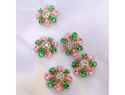 ПУГОВИЦЫ МЕТАЛЛИЧЕСКИЕ СО СТРАЗАМИ И ЖЕМЧУГОМ, 26 мм. 50 шт. РК-0034. Цвет: зеленый/розовый