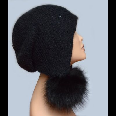 Черная женская шапка ушанка с помпонами вязаная Vizio 6463
