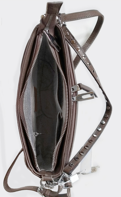 (АРТИКУЛ: 8818/1) СУМКА КЛАТЧ ЖЕНСКАЯ НЕБОЛЬШАЯ, НАТУРАЛЬНАЯ КОЖА, С ДВУМЯ НАРУЖНЫМИ КАРМАНАМИ, ТЕМНО-БЕЖЕВАЯ "МОККО", РЕМЕНЬ ЧЕРЕЗ ПЛЕЧО