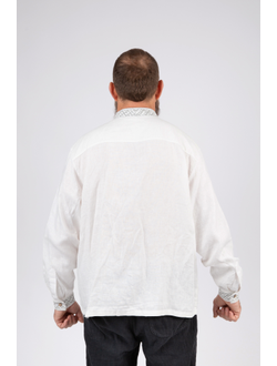 Деловая сорочка "Здрава" белый лён/серая вышивка